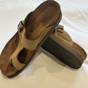 Mephisto Beige Leather Adjustable Cork Sandals